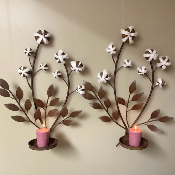 Set Of 2 Metal Cotton Wall Sconces Candle Holders Rustic Farmhouse Decor 19”